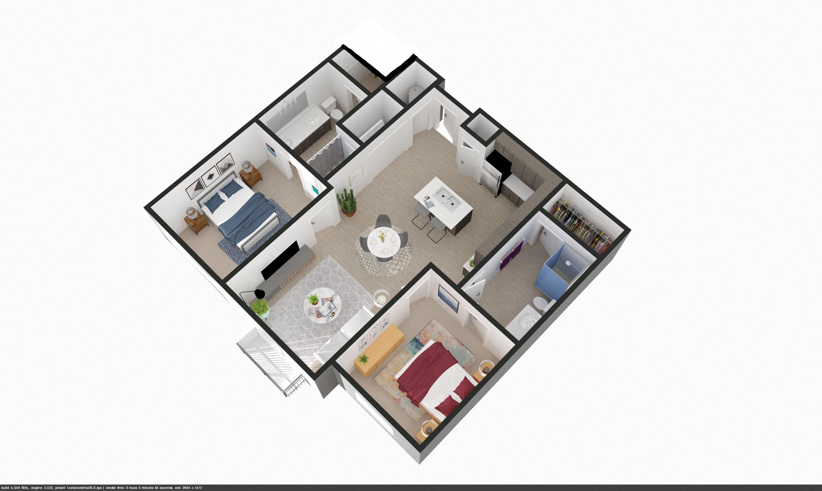 Floor plan for 2 beds, 2 baths, 969 sqft